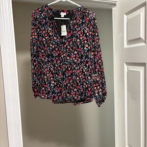 J. Crew Black Floral Blouse with Red and Blue Accents